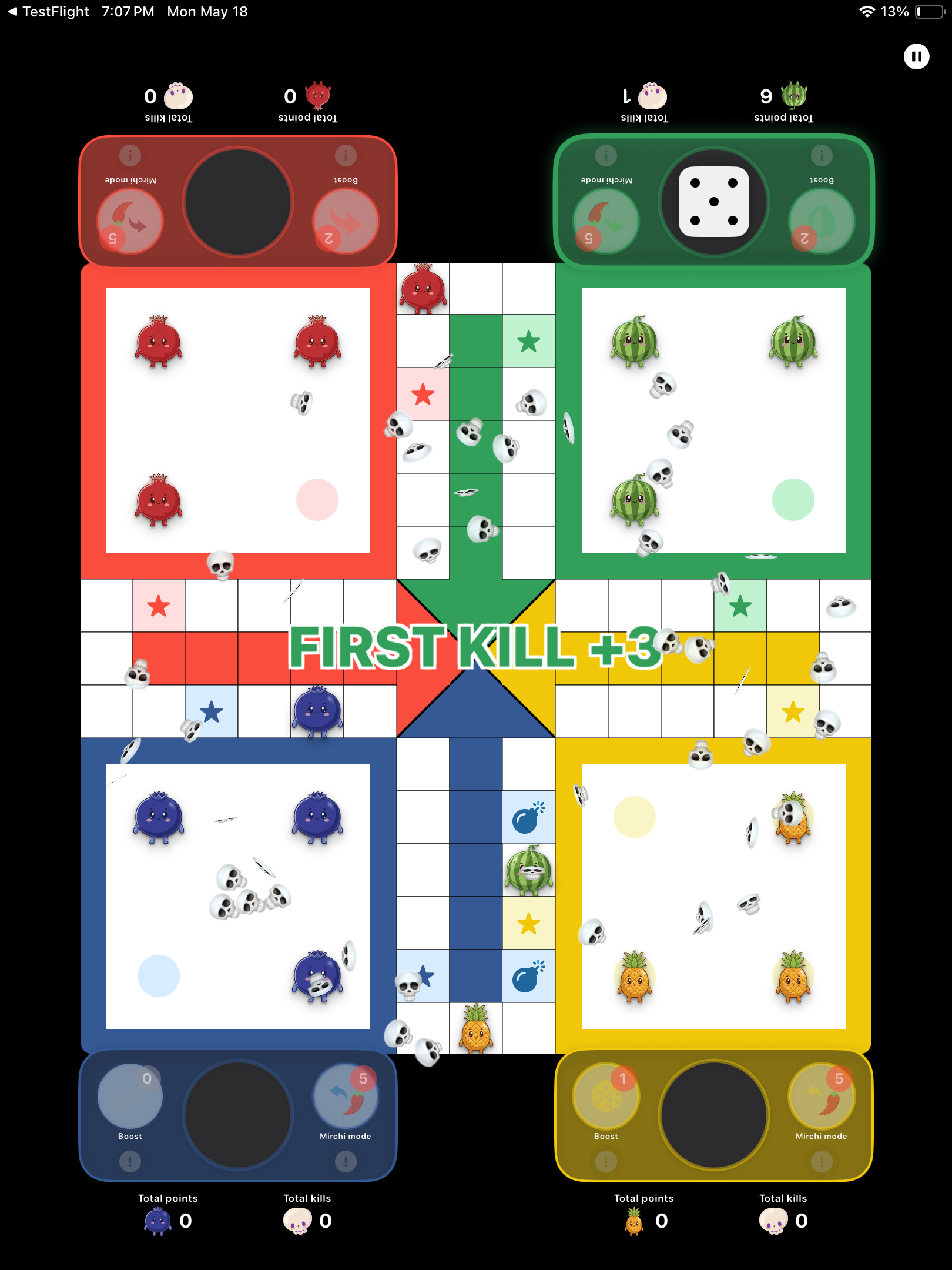 Gameplay with fruit pawns and First Kill scoring bonus