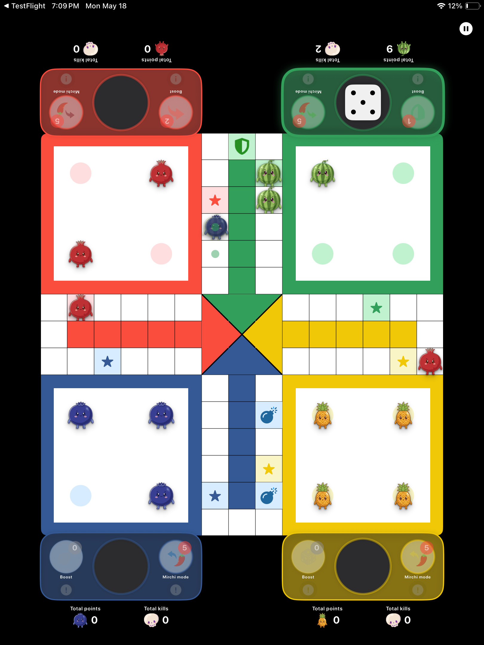 Four-player Ludo board with fruit-themed pawns