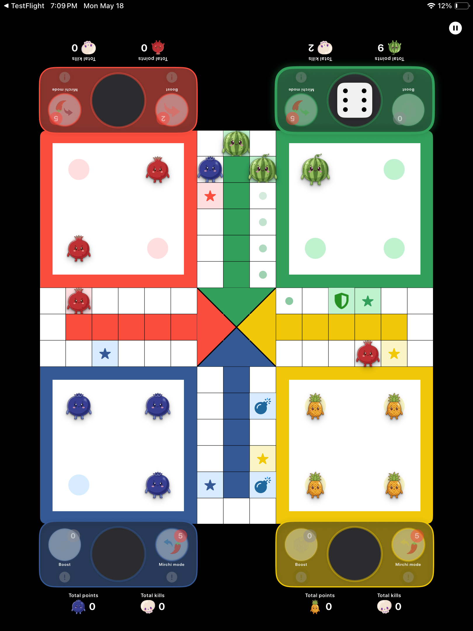 Ludo board showing Mirchi Mode and pawn powers