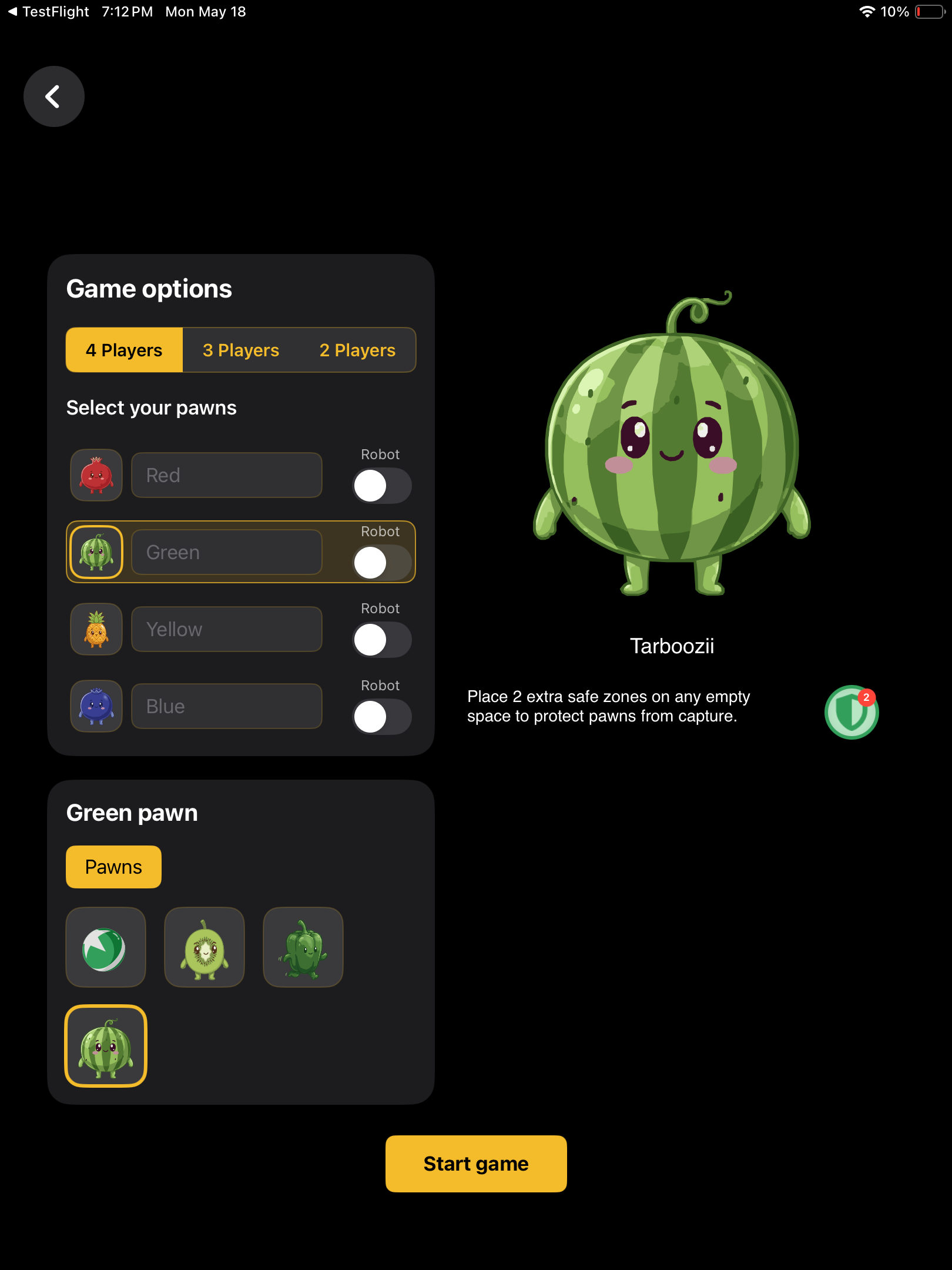 Game setup screen with fruit pawn selection and robot toggles